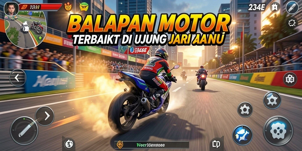 Screenshot utama 234E menampilkan aksi balapan motor yang mendebarkan.