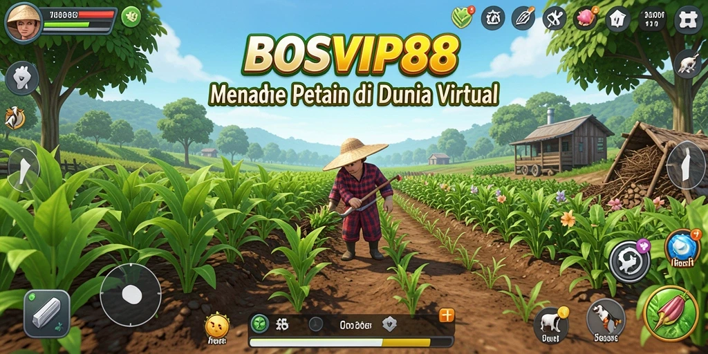 Tampilan gameplay BOSVIP88 yang menampilkan ladang penuh dengan tanaman hijau.