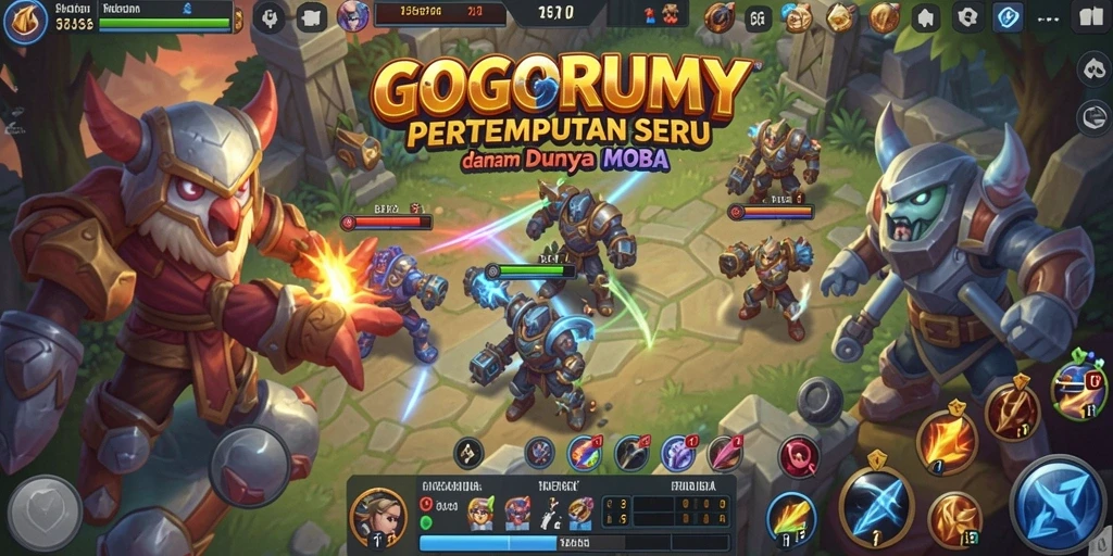 Tampilan menarik dari gameplay seru GOGORUMMY dalam pertempuran MOBA.