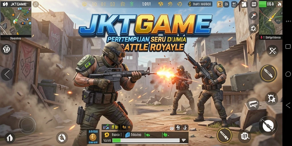 Screenshot gameplay JKTGAME menampilkan aksi seru dalam pertempuran Battle Royale.